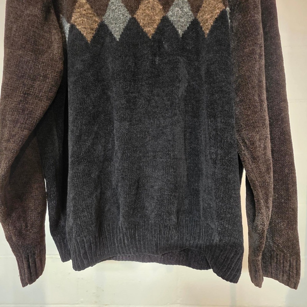 Vintage Geoffrey Beene Mens Large Chenille Argyle Sweater Brown Grey Crewneck - Picture 6 of 10